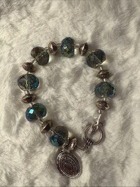 Silver-Tone Bracelet with Iridescent Blue-Green Faceted Victorian Beads